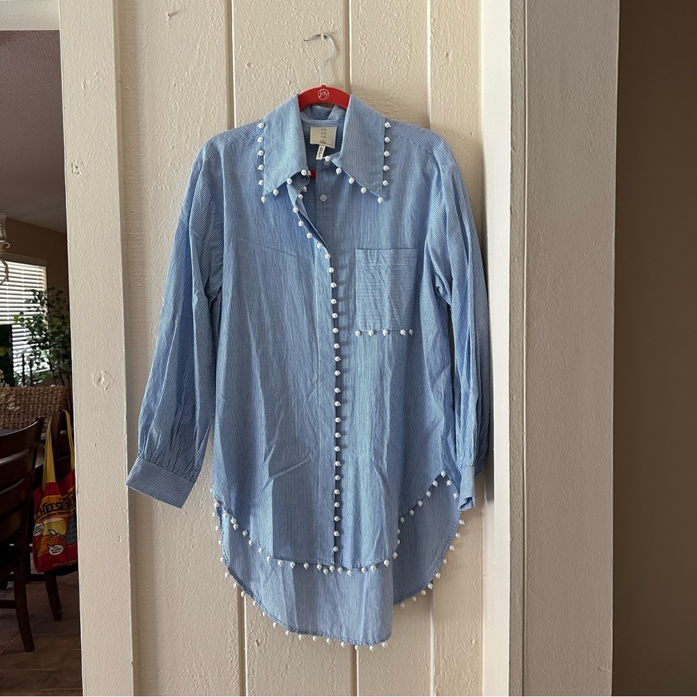 Anthro Pearl Trim Striped Tunic Shirt | Anthropologie Collab | Statement Collar